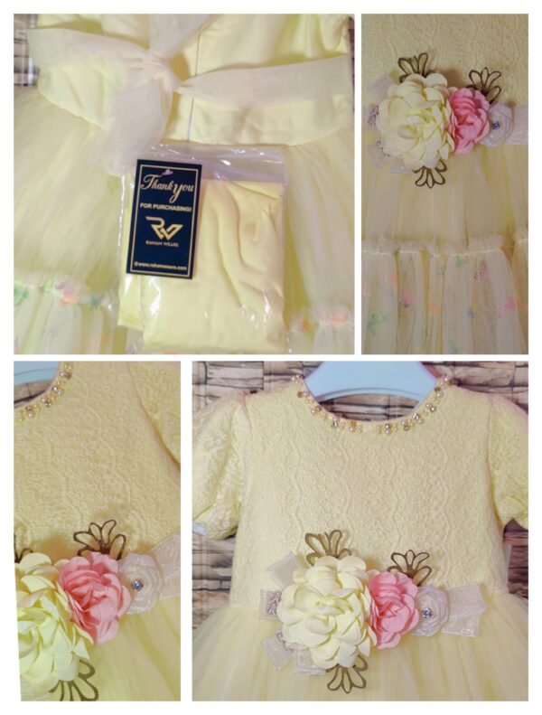 Fancy Baby Girl Dress, Lemon Netted CupCake Sleeves with Flower Embroidery | Rahamwears